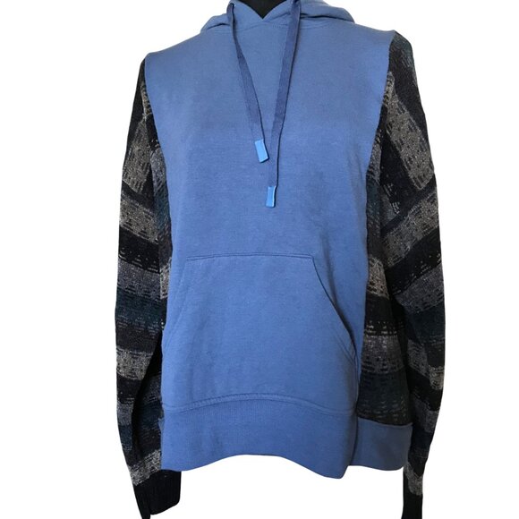 Upcycled Hoodie With Sweater Sleeves, Plus Size: Blue Sweatshirt Jacket - Picture 6 of 10